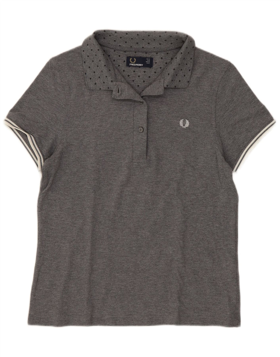Camisa polo feminina Fred Perry Reino Unido 12 algodão manchado cinza médio