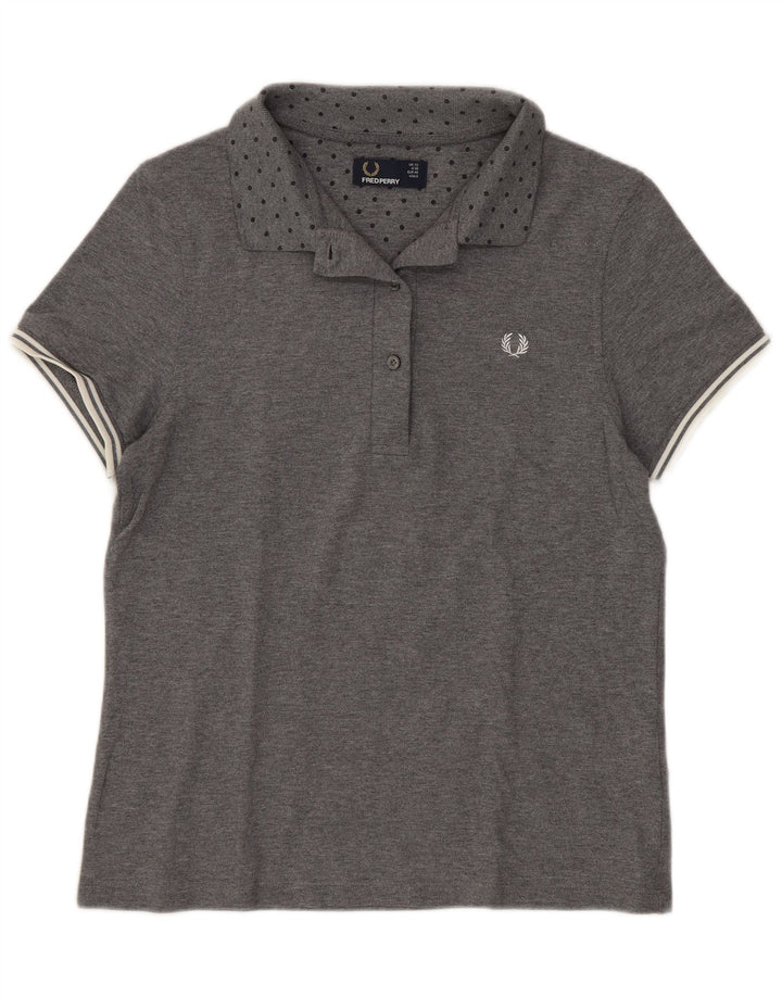 Camisa polo feminina Fred Perry Reino Unido 12 algodão manchado cinza médio