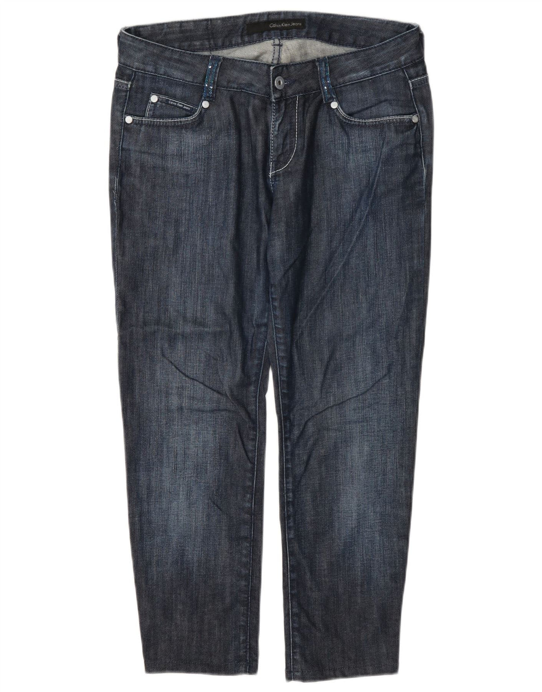 Calça jeans feminina Calvin Klein cortada W29 L24 algodão azul marinho