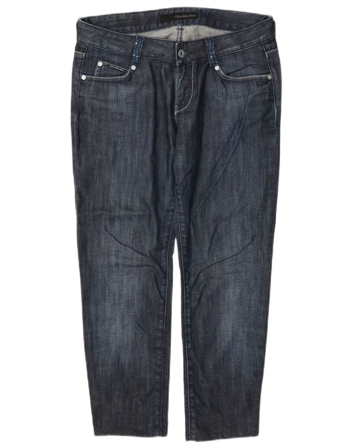 Calça jeans feminina Calvin Klein cortada W29 L24 algodão azul marinho