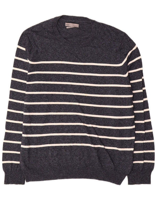 Suéter masculino Marks & Spencer com gola redonda grande listrado azul marinho