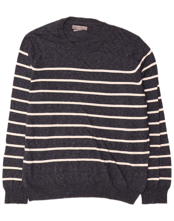 Suéter masculino Marks & Spencer com gola redonda grande listrado azul marinho