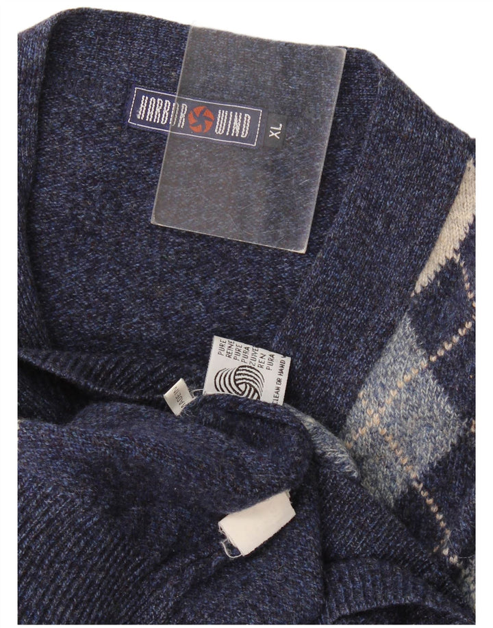 Suéter Cardigan Masculino Vintage XL Azul Marinho Argyle/Lã Diamante