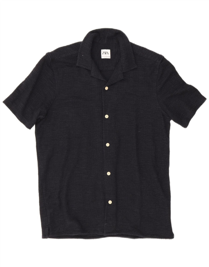 Zara Camisa feminina de manga curta médio azul marinho