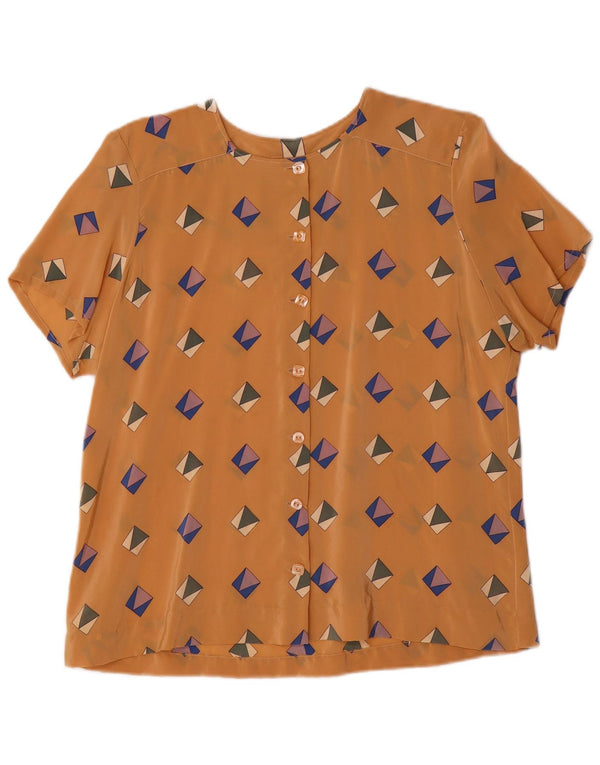 Blusa feminina vintage de manga curta UK 16 grande marrom geométrica