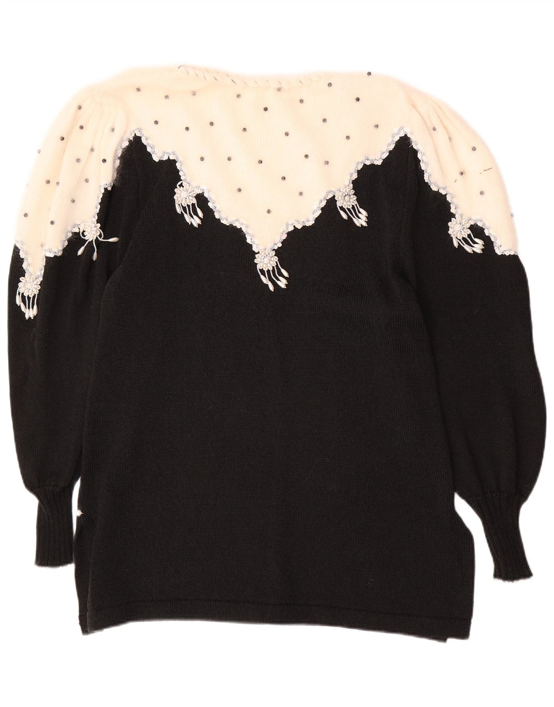 Suéter feminino VINTAGE com gola canoa UK 14 bloco colorido preto médio