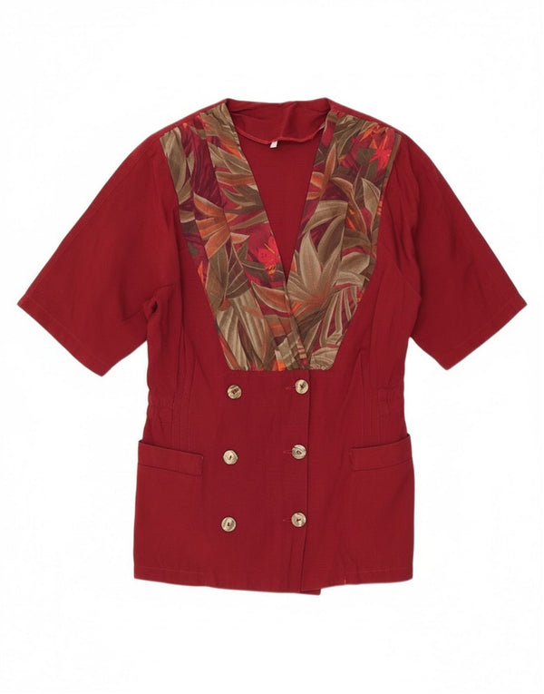 Jaqueta blazer feminina vintage de manga curta Reino Unido 14 grande Borgonha floral