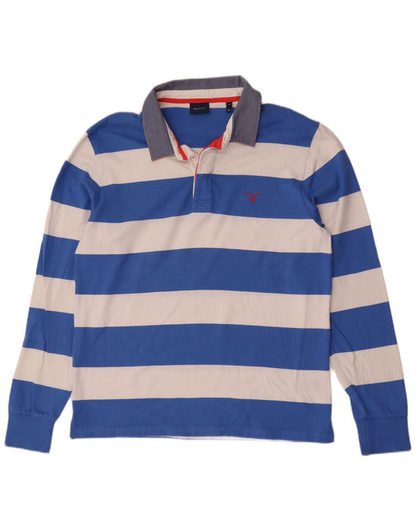 Camisa polo masculina de rugby de manga comprida da Gant XL algodão listrado azul