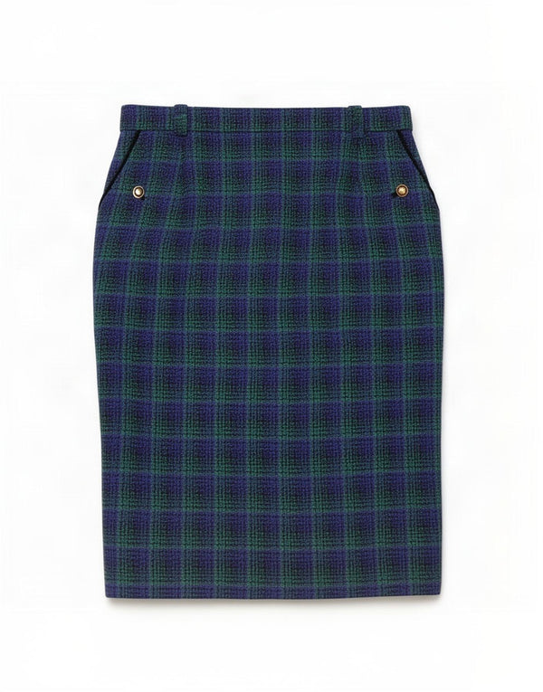Saia lápis feminina Hucke UK 18 XL W34 azul xadrez lã virgem