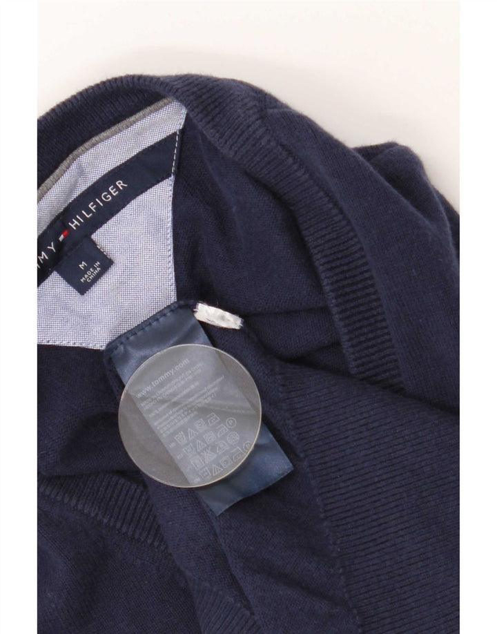 Tommy Hilfiger Suéter masculino com decote em V médio algodão azul marinho
