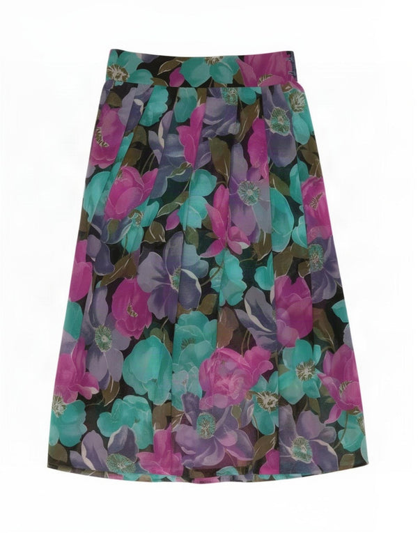 Saia feminina vintage plissada linha A XS W25 floral multicolorida