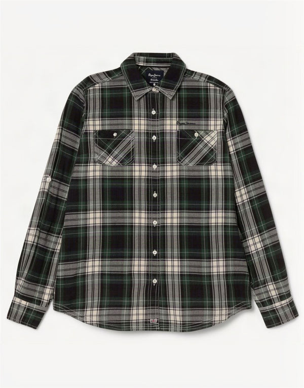 Camisa feminina de flanela PEPE Jeans UK 14 algodão xadrez verde médio