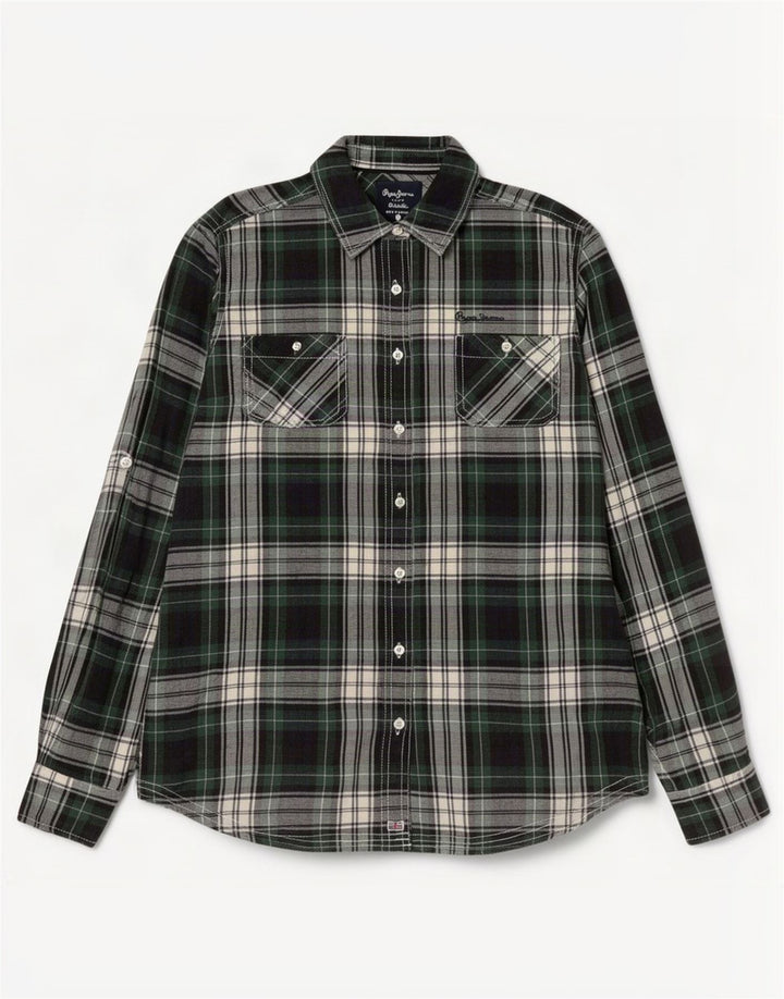 Camisa feminina de flanela PEPE Jeans UK 14 algodão xadrez verde médio