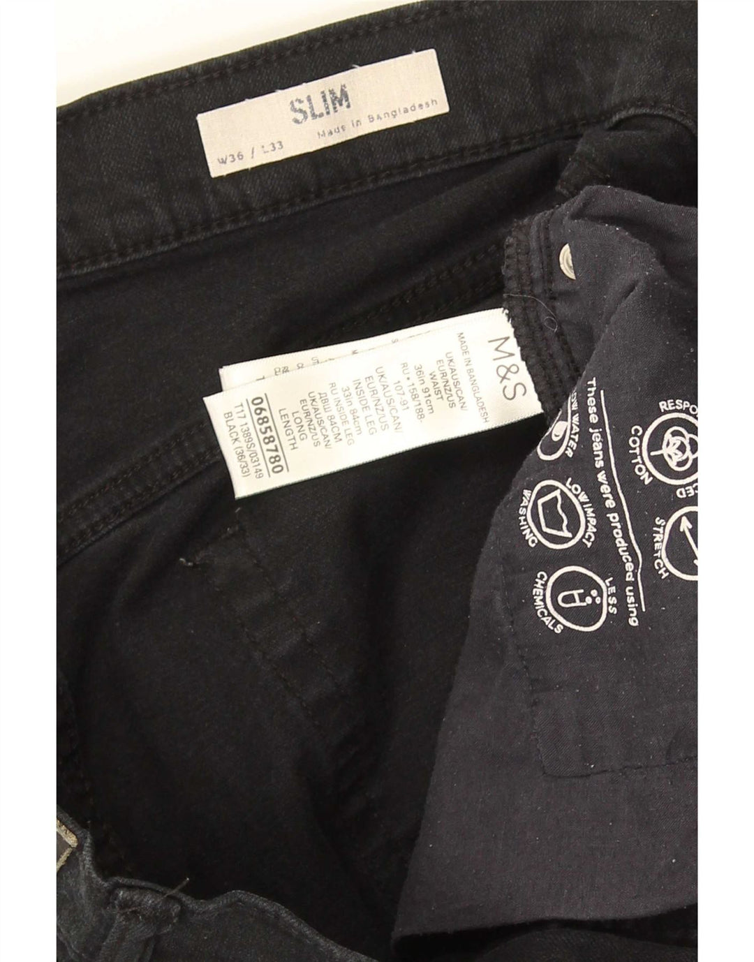 Marks & Spencer Mens Jeans Slim W36 L33 Algodão Preto
