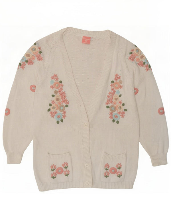Suéter cardigã feminino vintage Reino Unido 14 algodão floral branco médio