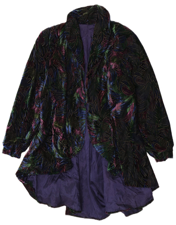 Sobretudo aberto de veludo feminino vintage Reino Unido 12 Floral preto médio