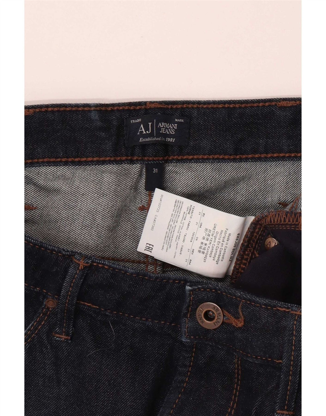 Armani Mens Slim Jeans W31 L33 Azul Marinho Algodão