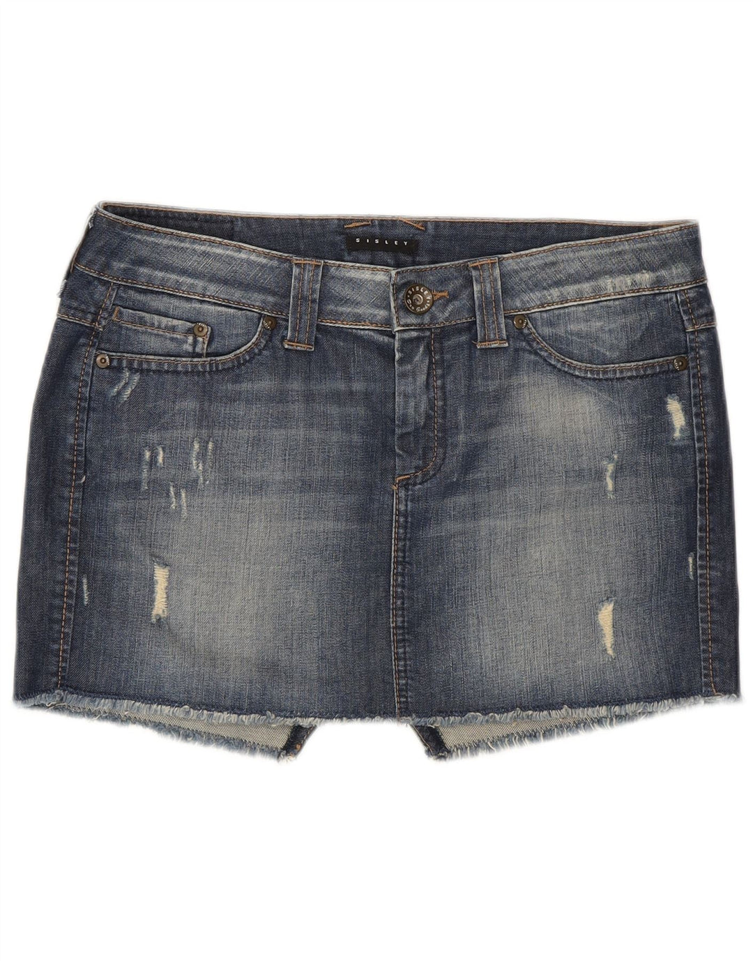 Mini saia jeans Sisley feminina envelhecida W29 algodão azul médio