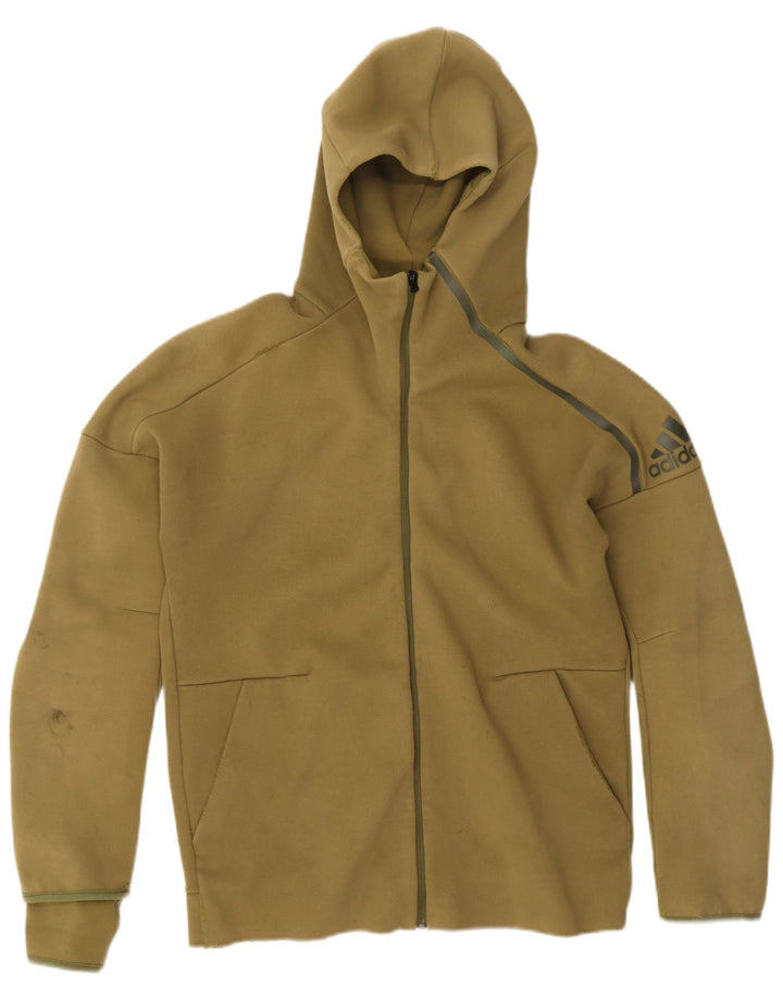 Suéter Adidas masculino com capuz e zíper gráfico grande cáqui