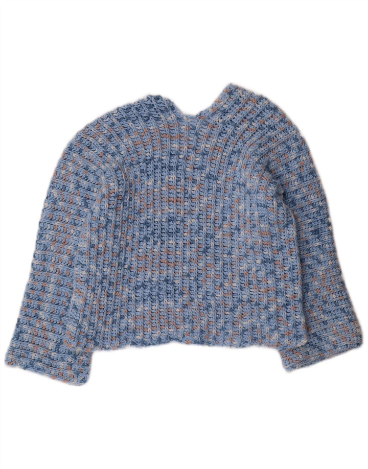 Suéter feminino vintage com decote em V UK 12 médio azul manchado