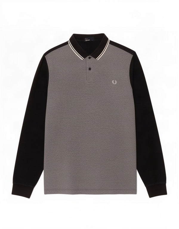 Fred Perry Mens Long Sleeve Polo Shirt Large Grey Colourblock Cotton