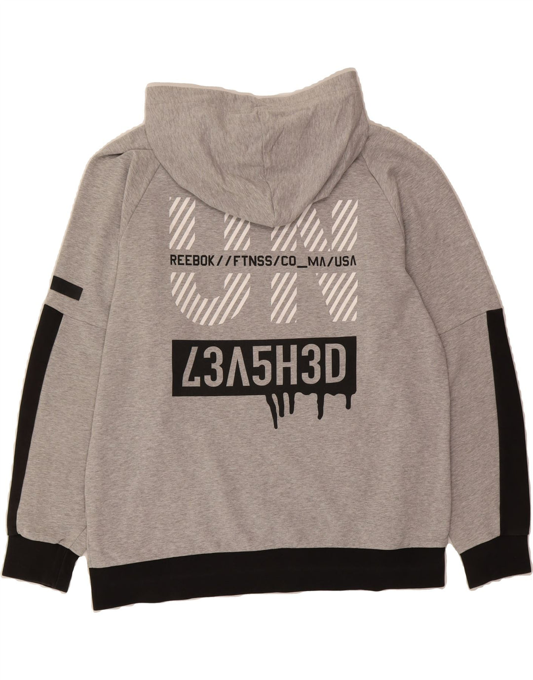 REEBOK Mens Graphic Hoodie Jumper Large Grey Colourblock Cotton Vintage Reebok and Second-Hand Reebok from Messina Hembry 