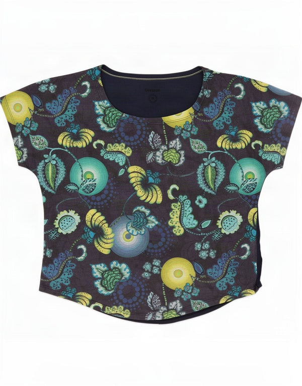 Desigual Camiseta Feminina Oversized Gráfica Top UK 14 Médio Azul Marinho Floral