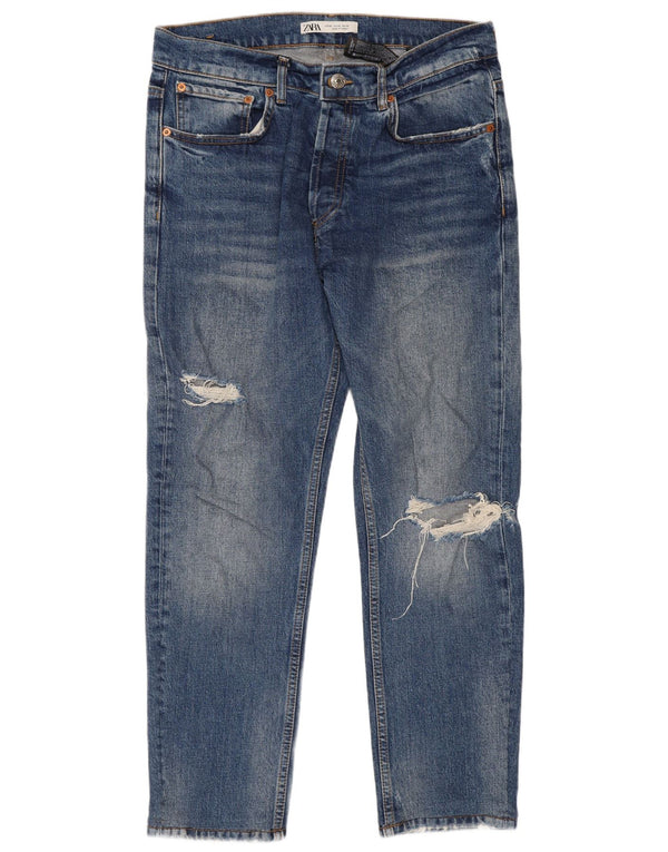 Zara Jeans masculino cortado desgastado UE 42 grande W32 L26 algodão azul