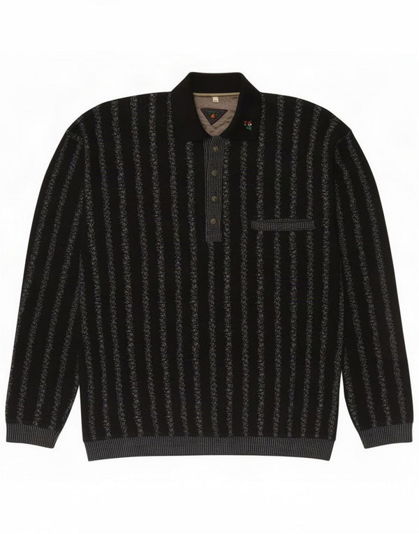 Suéter vintage masculino com gola polo grande lã floral preta