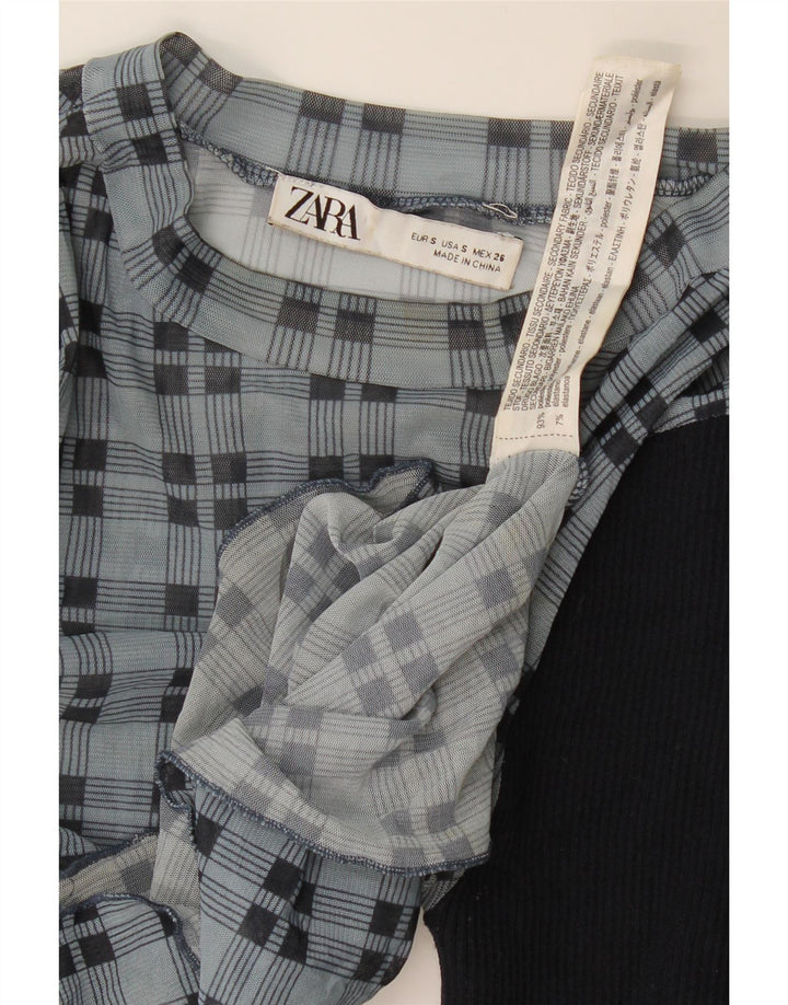Zara blusa feminina cropped manga comprida top Reino Unido 8 pequena xadrez azul marinho