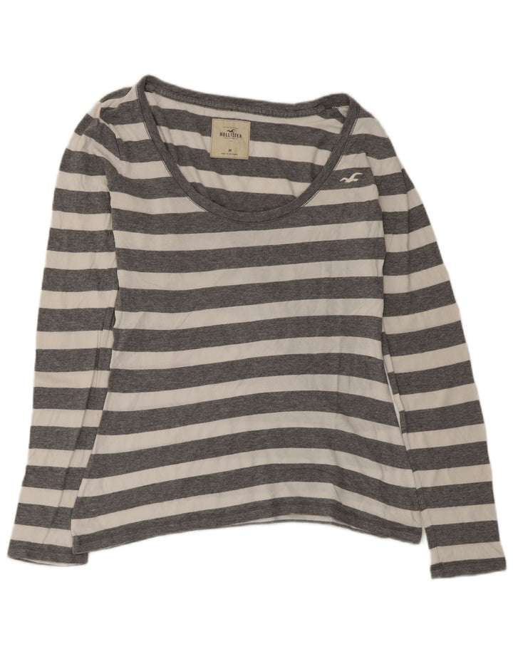 Top feminino Hollister de manga comprida UK 12 listrado cinza médio