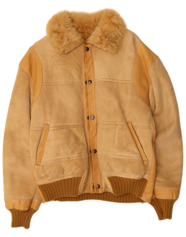 Jaqueta masculina vintage Bomber Shearling UK 38 bege médio