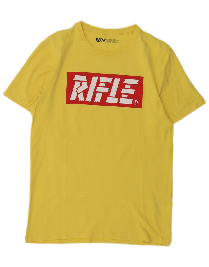 Camiseta masculina Rifle com estampa gráfica de algodão amarelo médio