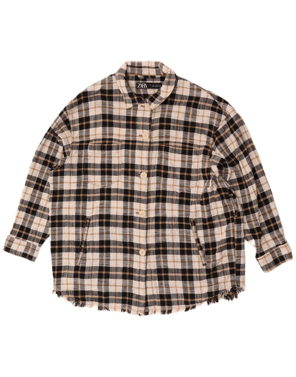 Camisa feminina de flanela grande Zara Reino Unido 16 grande algodão xadrez bege