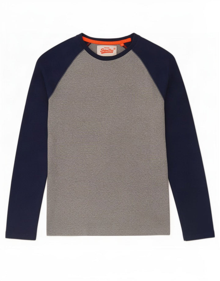 Camiseta masculina Superdry manga comprida pequena cinza colorblock algodão