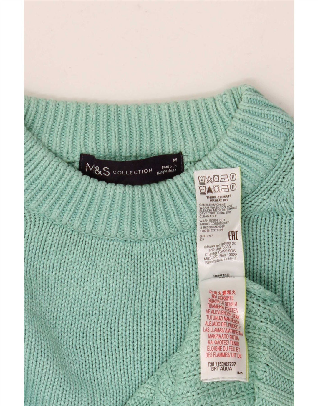 Suéter masculino Marks & Spencer com gola redonda, algodão turquesa médio