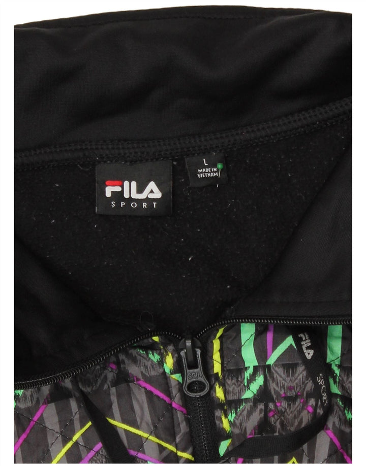 Suéter feminino Fila com capuz e zíper Reino Unido 16 grande poliéster geométrico preto