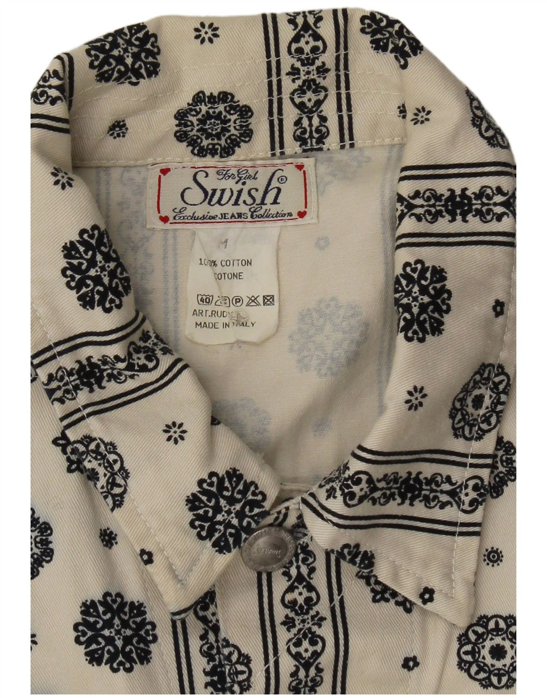 Swish Conjunto feminino jeans de 2 peças Reino Unido 12 médio W26 algodão paisley branco