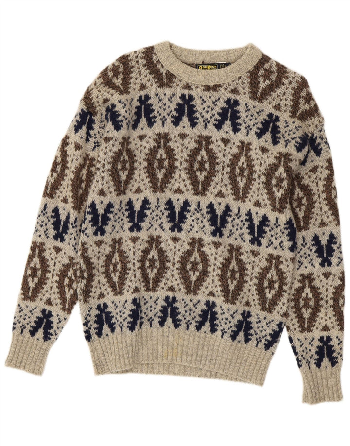 Suéter masculino Osh Kosh com gola canoa grande cinza Fair Isle Wool