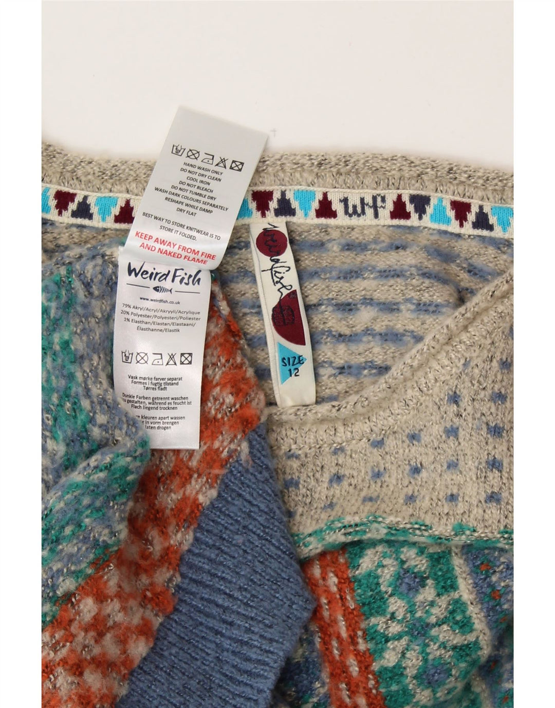 Suéter feminino WEIRD FISH com gola canoa Reino Unido 12 médio azul Fair Isle