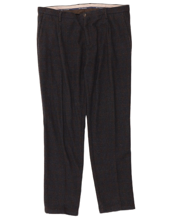 Calça masculina Trussardi de terno reto W38 L33 azul marinho xadrez