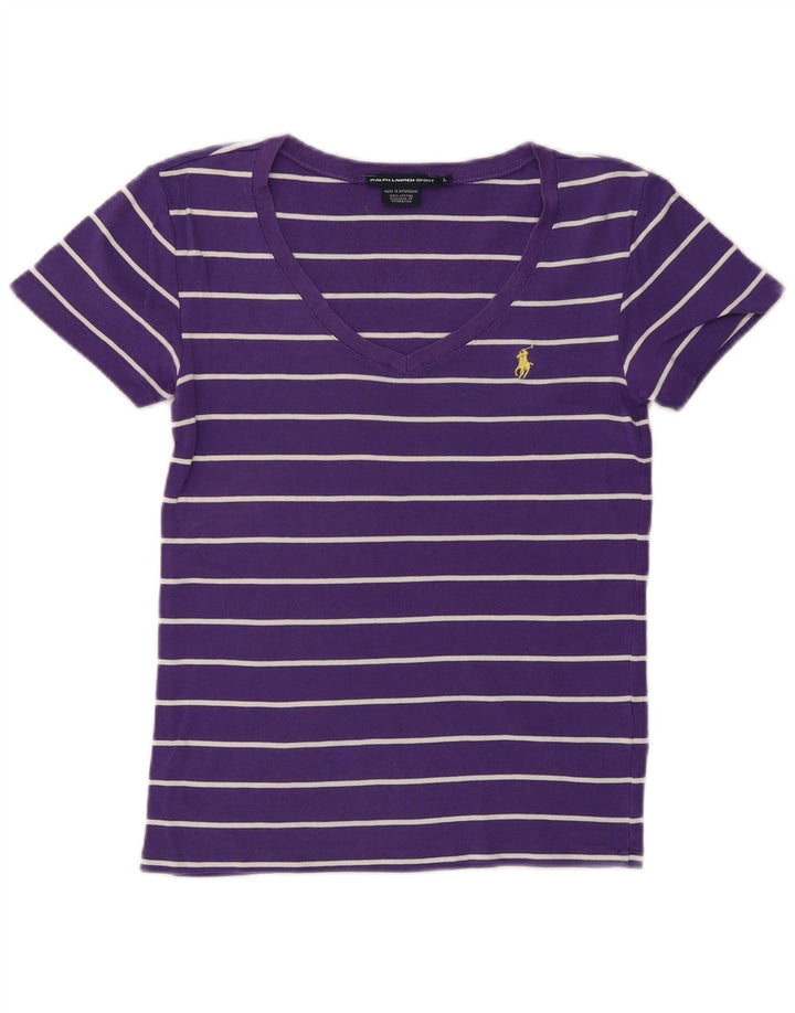 Camiseta feminina RALPH LAUREN UK 14 grande algodão listrado roxo