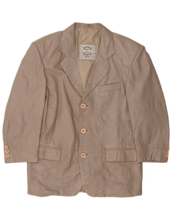 Jaqueta blazer feminina de couro VINTAGE com 3 botões Reino Unido 16 grande couro cinza