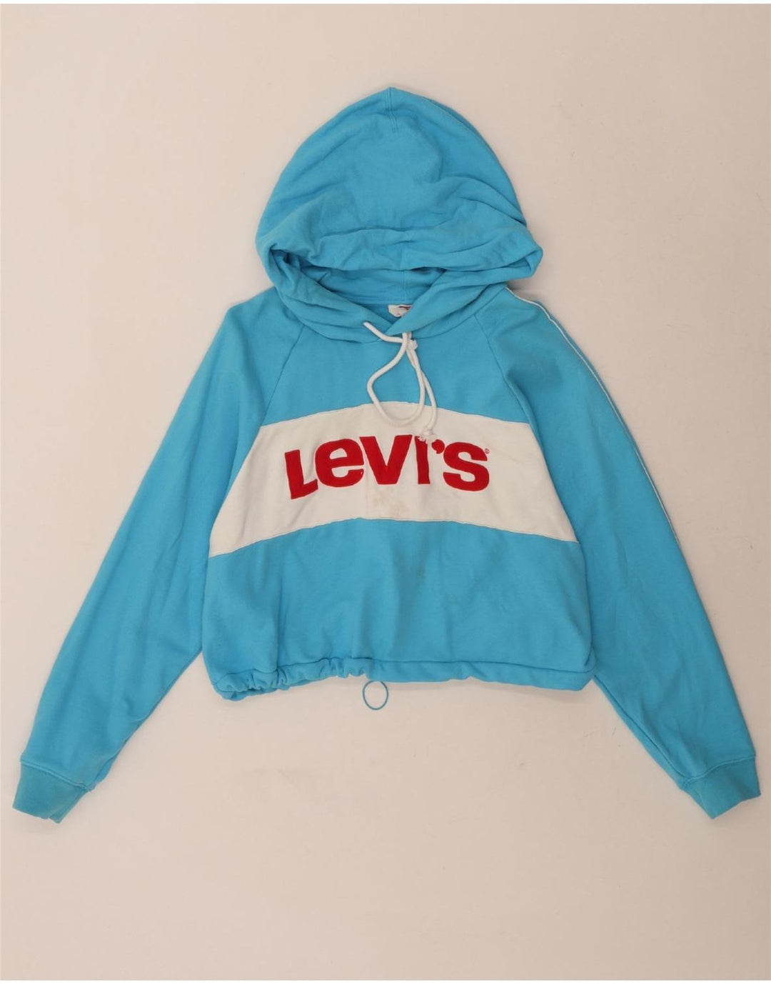 LEVI'S Womens Crop Graphic Hoodie Jumper UK 16 Large Blue Colourblock Vintage Levi's and Second-Hand Levi's from Messina Hembry 