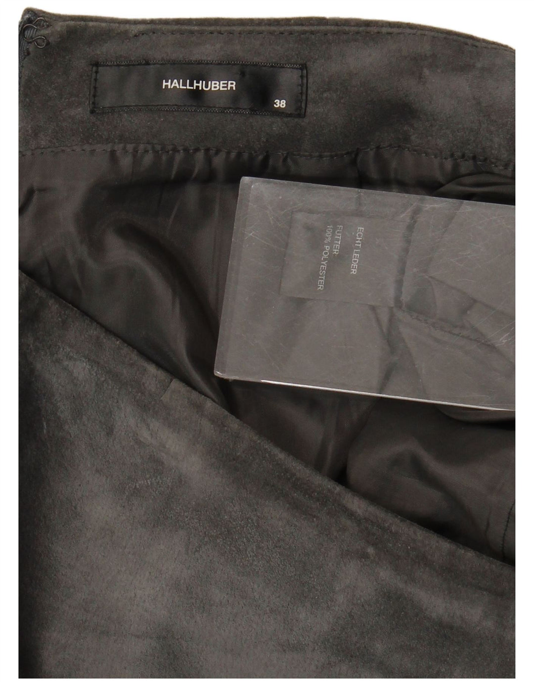 Saia feminina de camurça HALLHUBER EU 38 médio W32 couro cinza