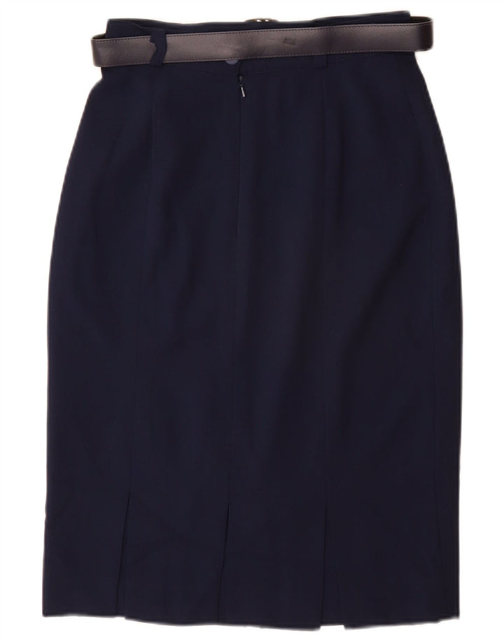 Saia lápis feminina VINTAGE UK 10 pequena W26 azul marinho poliéster