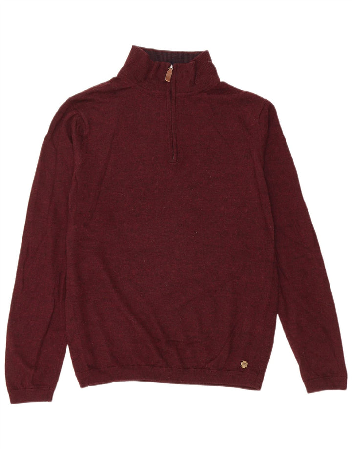 Suéter masculino branco com zíper e gola grande de lã marrom