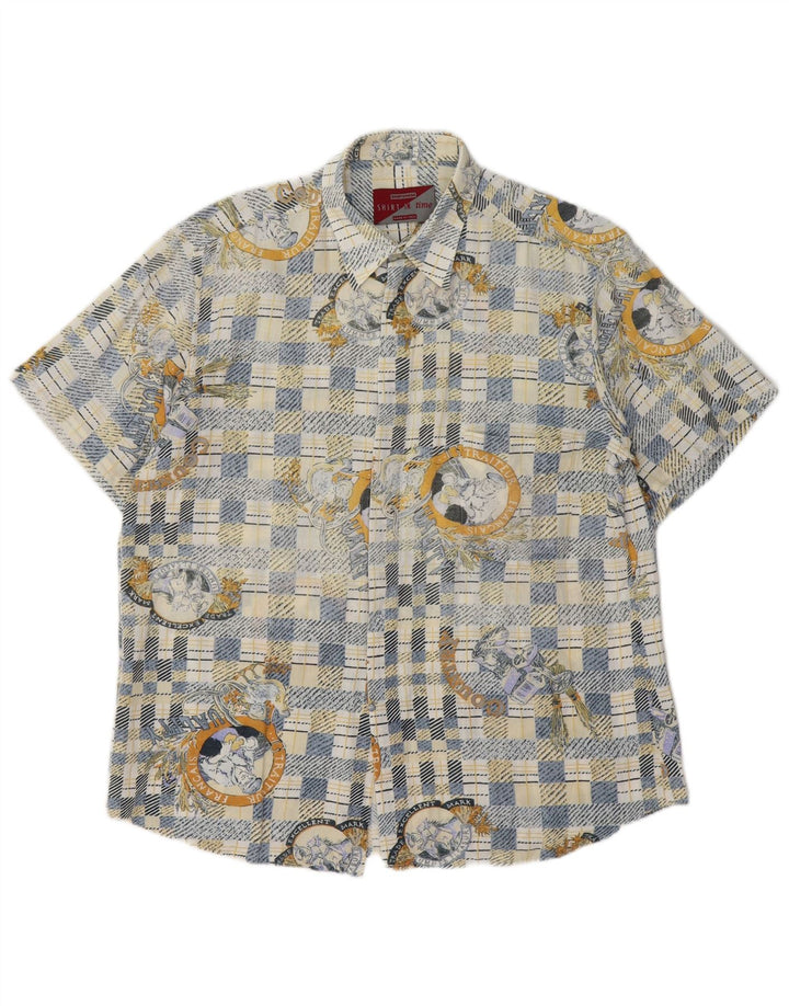 Camisa masculina vintage de manga curta xadrez azul médio
