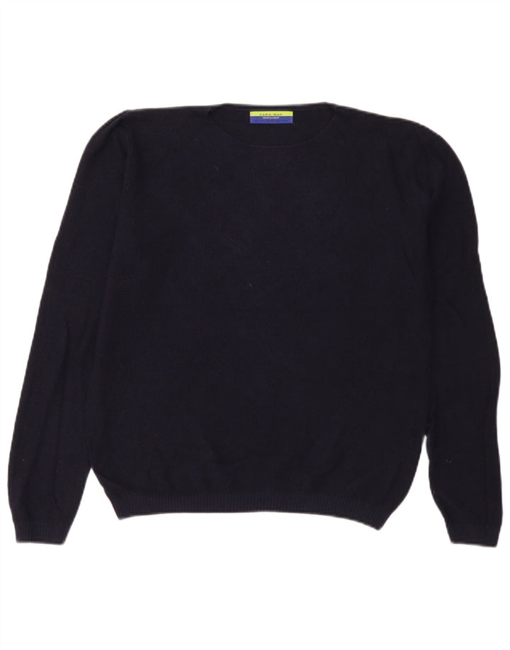 Zara Suéter masculino com gola redonda grande azul marinho