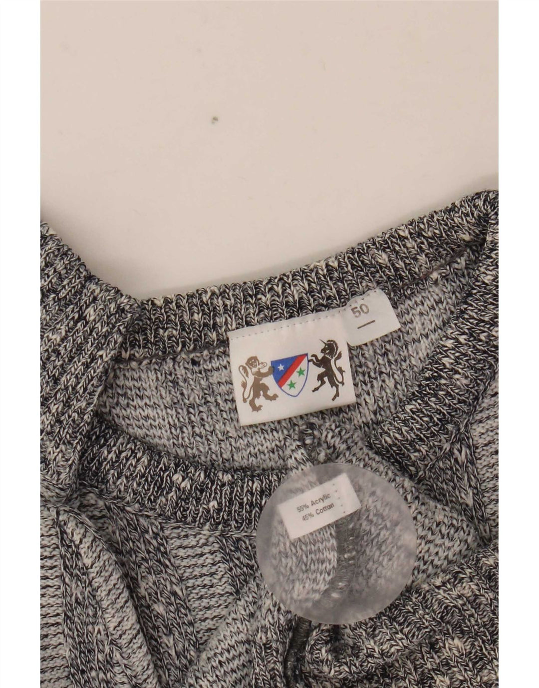 Suéter vintage masculino com gola redonda IT 50 acrílico geométrico cinza médio